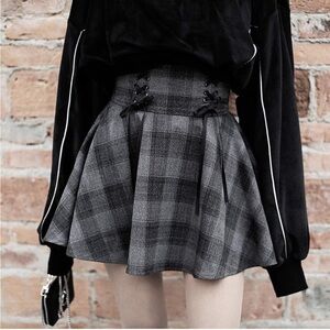 😍 Plaid Goth Mini Skirt Lace Up Bow Tie Sides Wide Waistband A Line Circle Twirl
